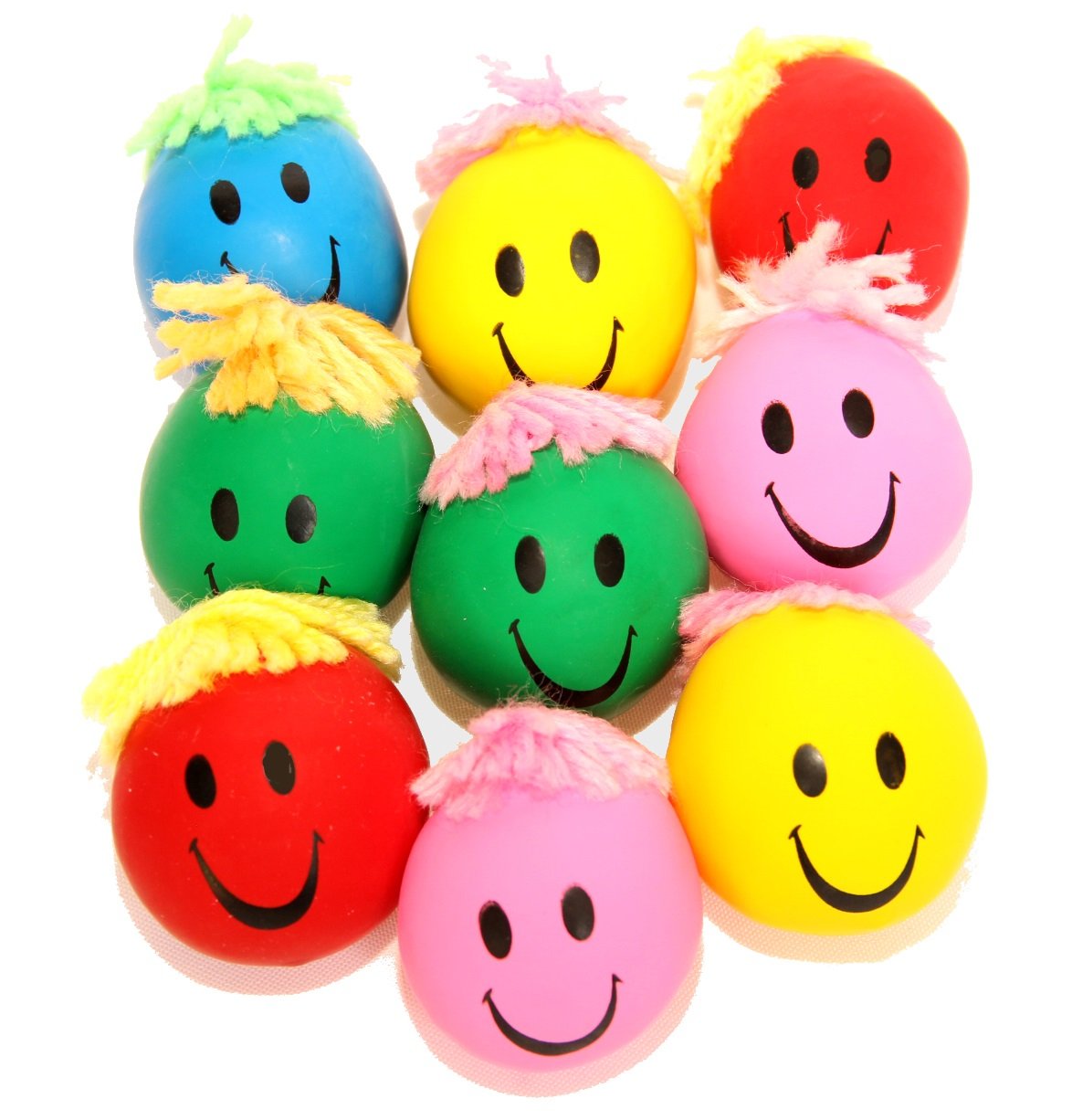 Dazzling Toys 12 Pack Stress Balls | 1 Dozen 2" Inch Neon Smile Face Happy Squeeze and Stress Balls with Yarn Hair | Assorted Colors