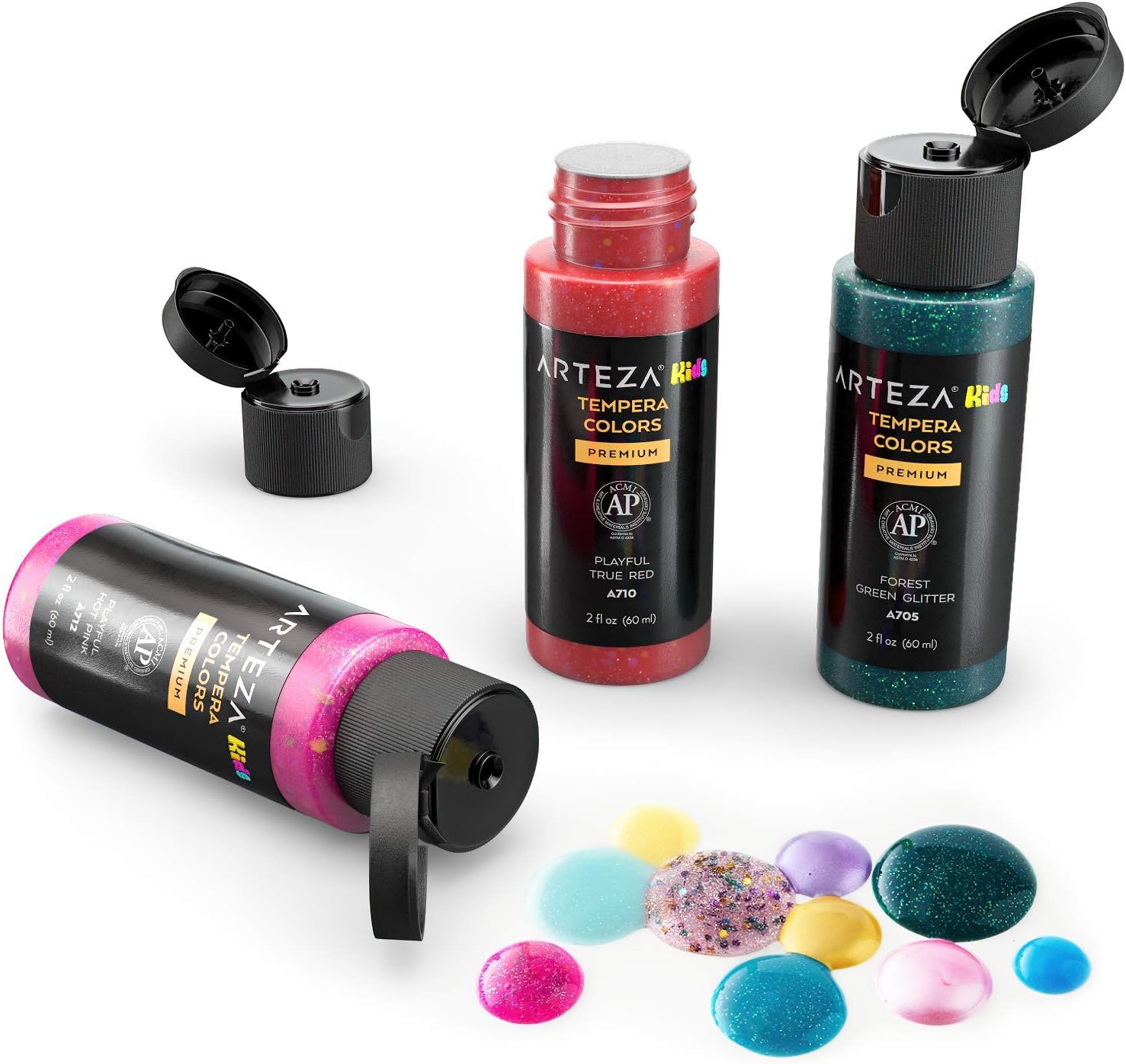 Arteza Tempera Washable Paint for Kids, Set of 32, 2.03oz/60ml Bottles, Poster Paint for Craft Projects, Sponge Painting & Finger Painting, Includes Neon, Glitter & Glow-in-The-Dark: Home Improvement