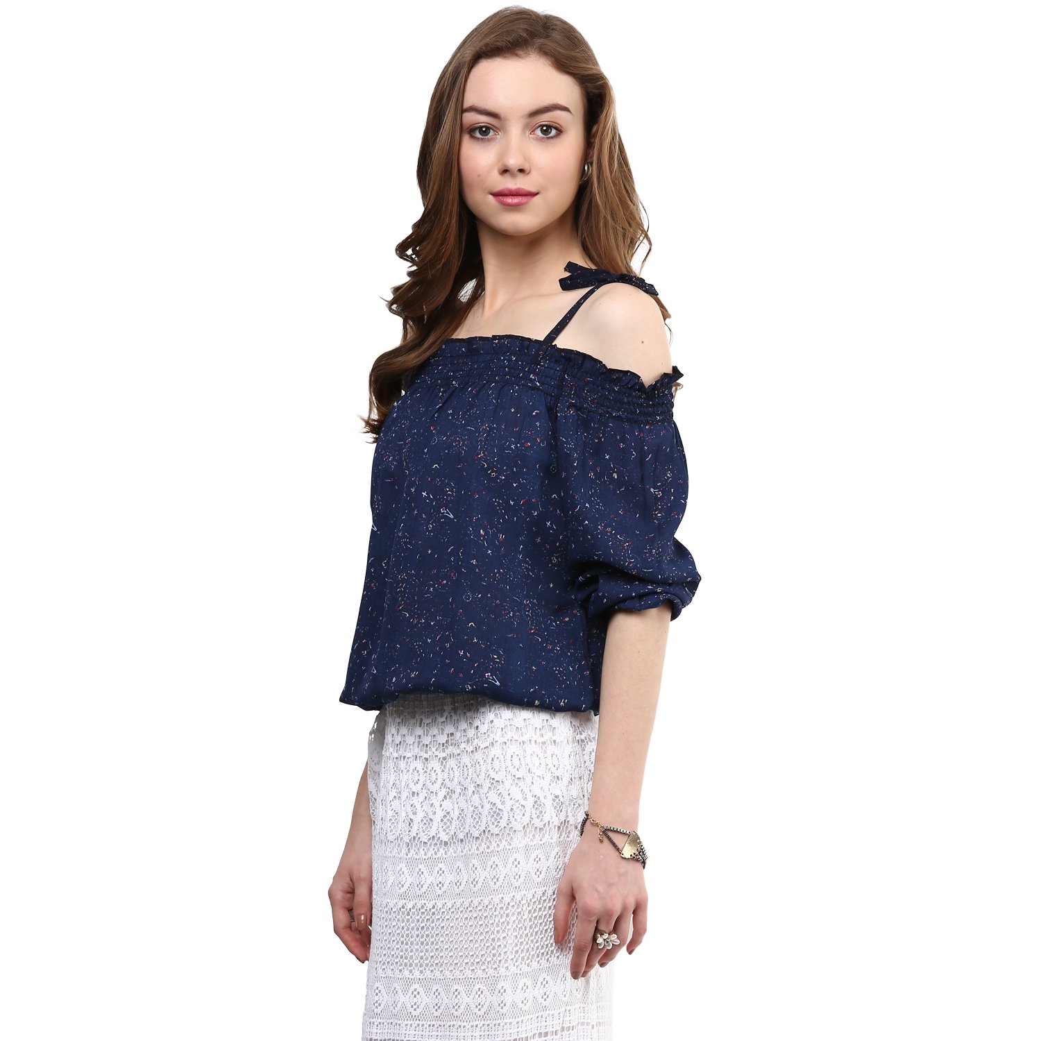 rare blue printed off-shoulder blouson top (ep1001)