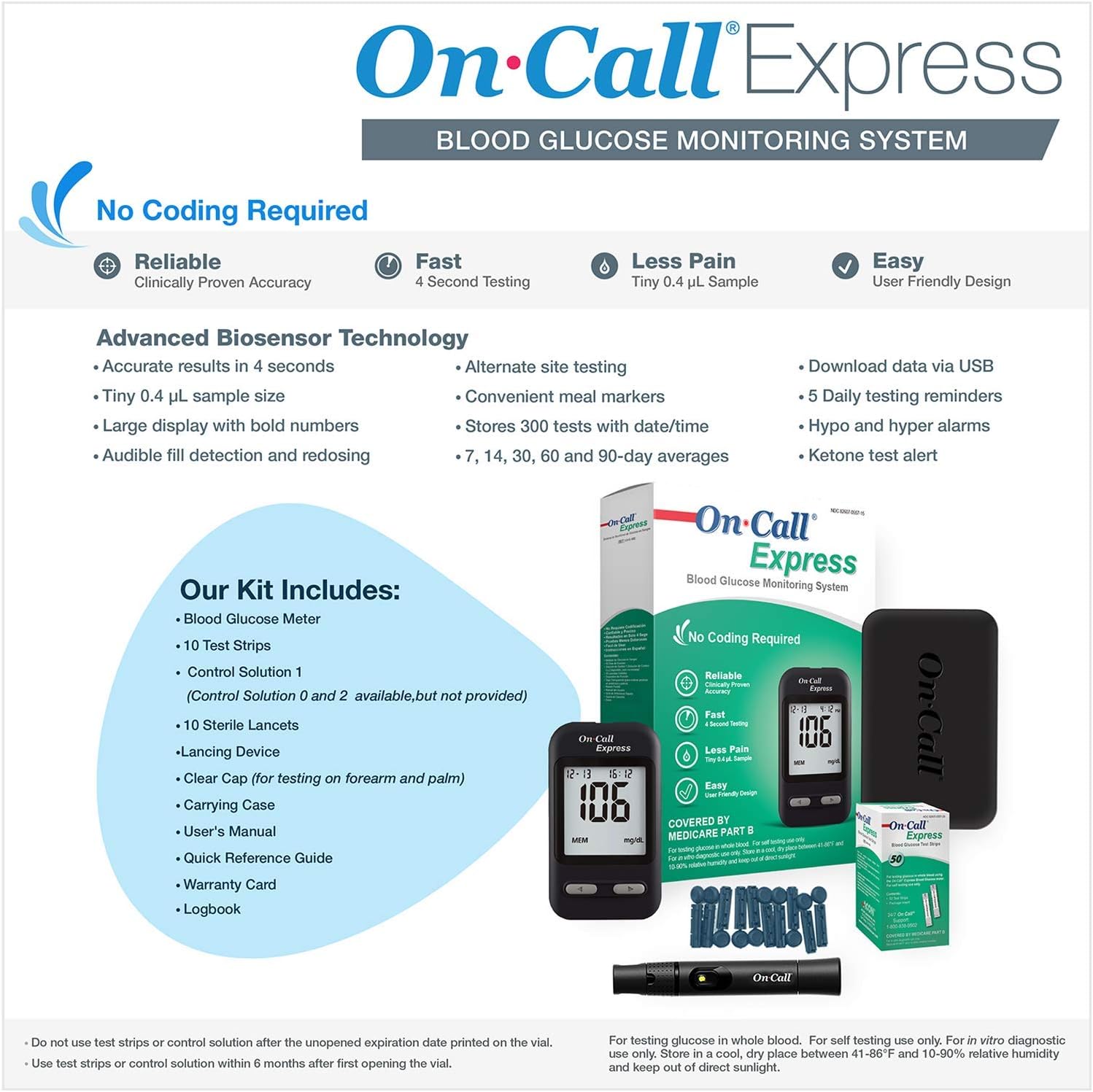 On Call Express Diabetes Testing Kit- Blood Glucose Meter, 10 Blood Test Strips, 1 Lancing Device, 30g Lancets, Control Solution, Carrying Case, Log Book, Black: Health & Personal Care