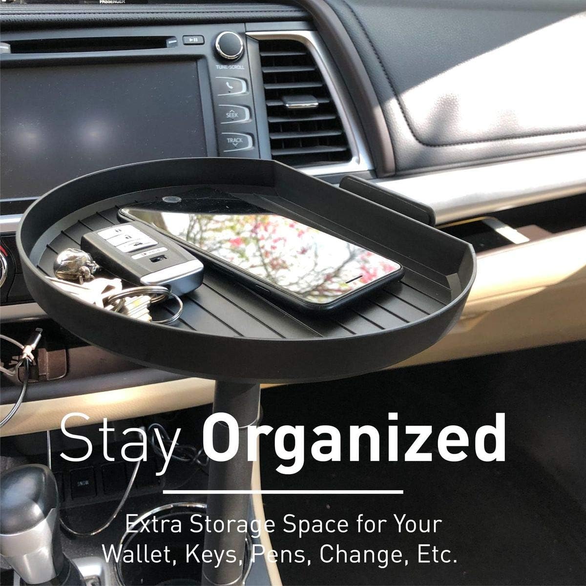 Macally Cup Holder Tray for Car - Enjoy Your Meal and Stay Organized - Adjustable Car Tray Table with 9" Surface, Phone Slot, and 360° Swivel Arm - Car Food Table for Cup Holders 3" to 4.1" Wide