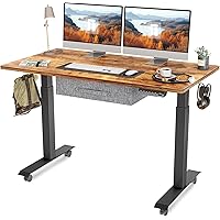 FEZIBO Electric Height Adjustable Standing Desk with Drawer, 48 x 24 Inches Splice Board, Black Frame/Rustic Brown Top