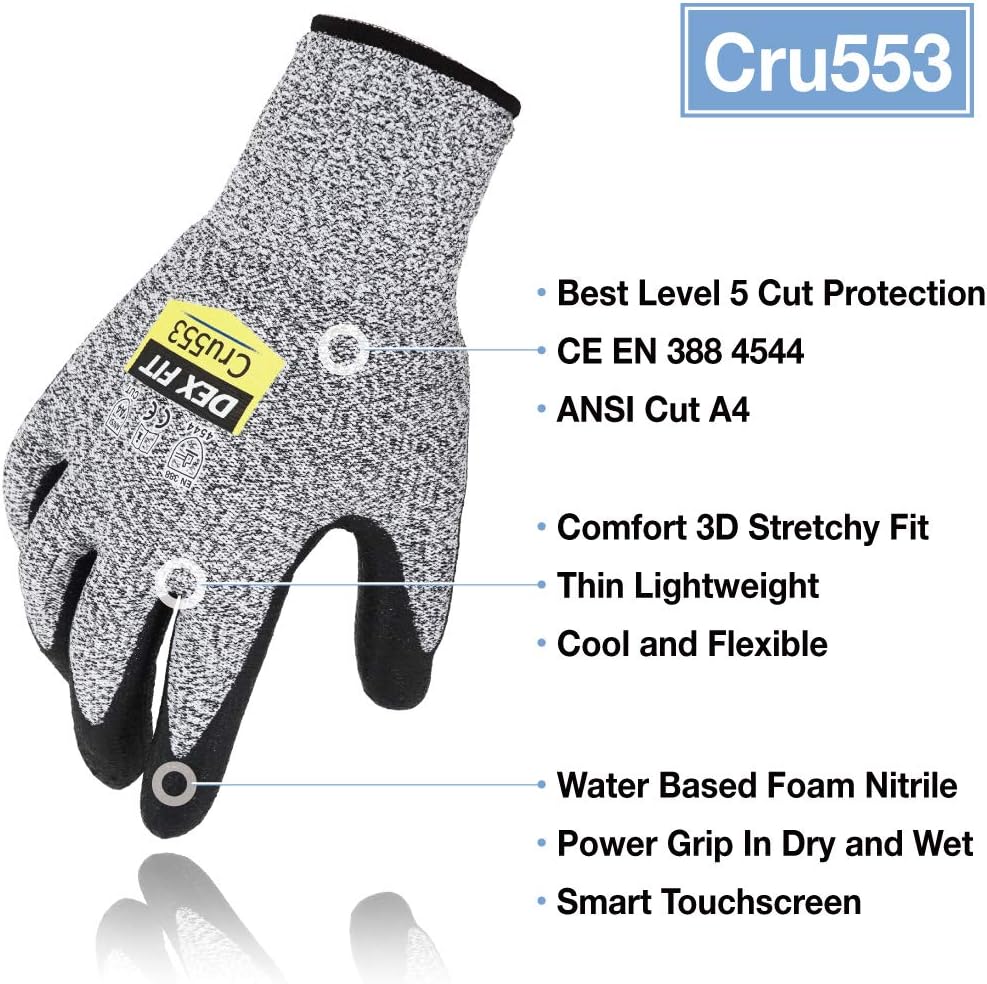 DEX FIT Level 5 Cut Resistant Gloves Cru553, 3D Comfort Stretch Fit, Power Grip Foam Nitrile, Smart Touch, Durable Thin & Lightweight, Machine Washable, Grey Large 1 Pair - - 