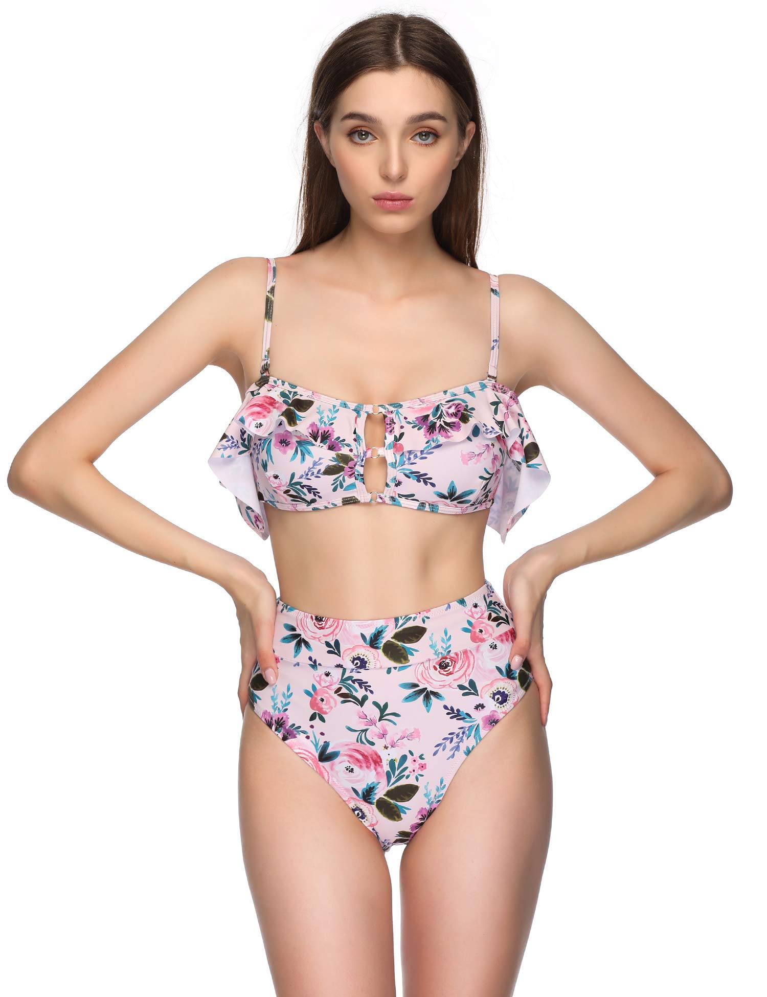 Verano Playa Women Bikini Swimsuits Two Piece Off Shoulder Bandeau Crop Ruffled Flounce Top High Waisted Bottom Bathing Suit