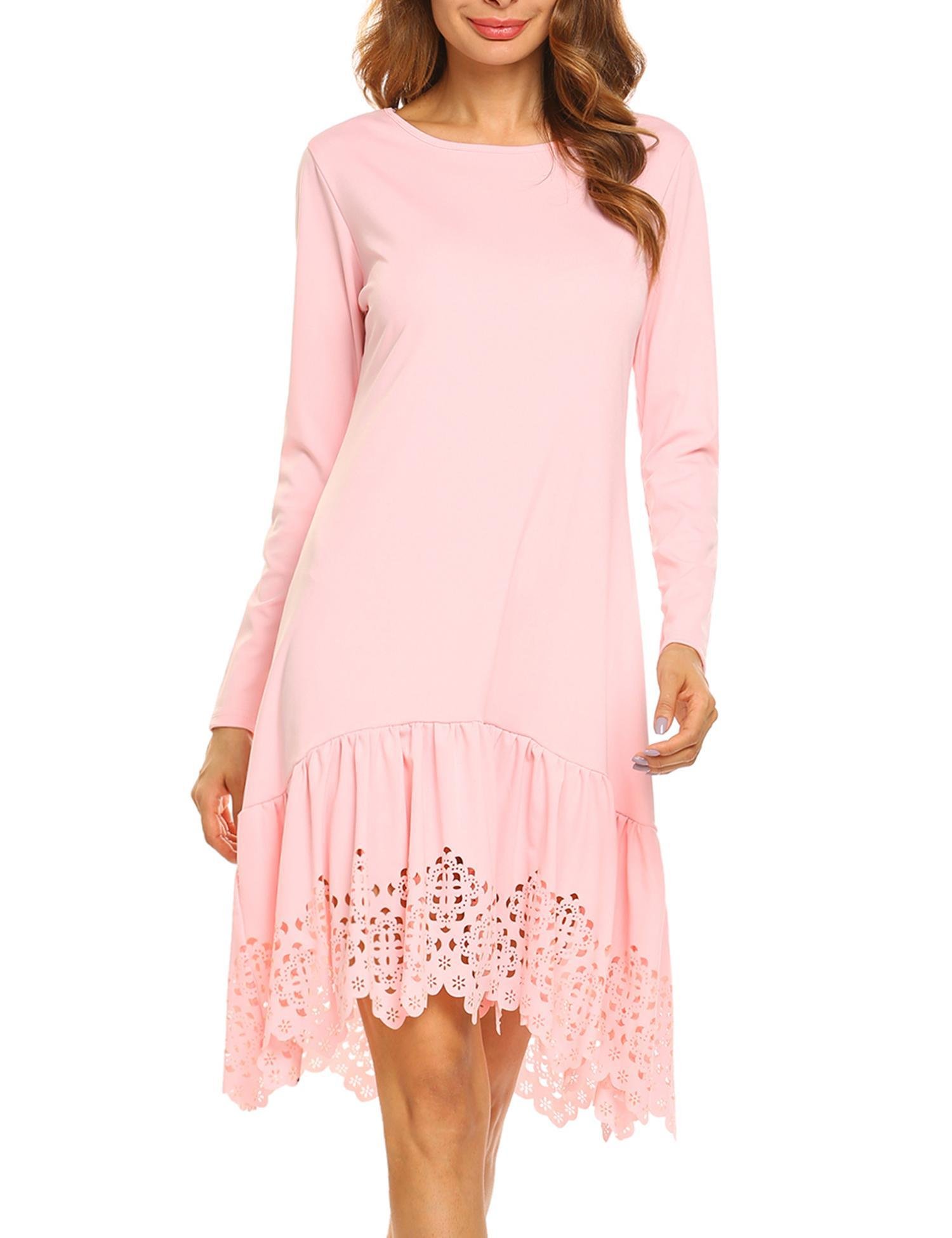 Zeagoo Women\'s Casual Long Sleeve Swing Dress Tunic Top Dresses Pink M