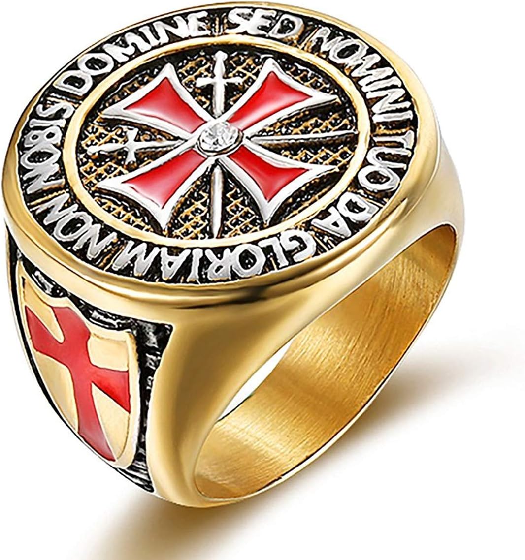 Men's Stainless Steel Gold Plated Knights Templar Master Cross Signet Ring for Memorial