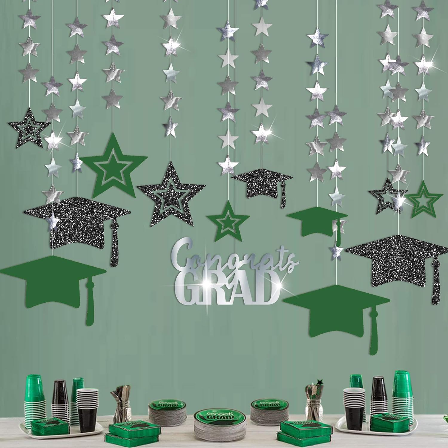 Cheerland Glitter Green Silver 2021 Graduation Party Decoration Kit Black Cap Decor Shiny Congrats Grad Banner Star Hat Garland Streamer Banner Backdrop Background for Ceiling Home Classroom