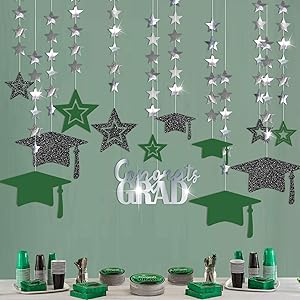 Cheerland Glitter Green Silver 2021 Graduation Party Decoration Kit Black Cap Decor Shiny Congrats Grad Banner Star Hat Garland Streamer Banner Backdrop Background for Ceiling Home Classroom