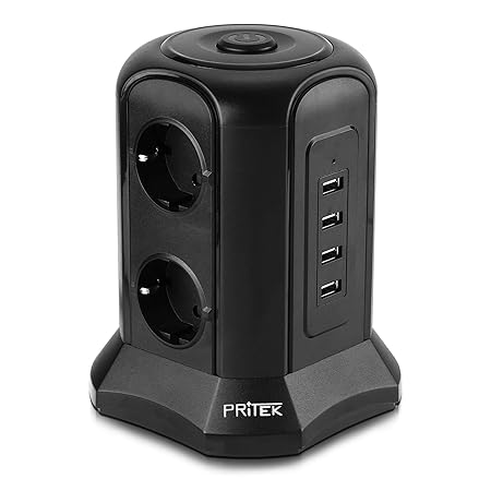 Mehrfachsteckdosen, PRITEK 6 fach Steckdosenleiste mit 4 USB Anschlüssen und 6.5ft Kabel 10A/2500W Vertikal Steckdosenleiste 