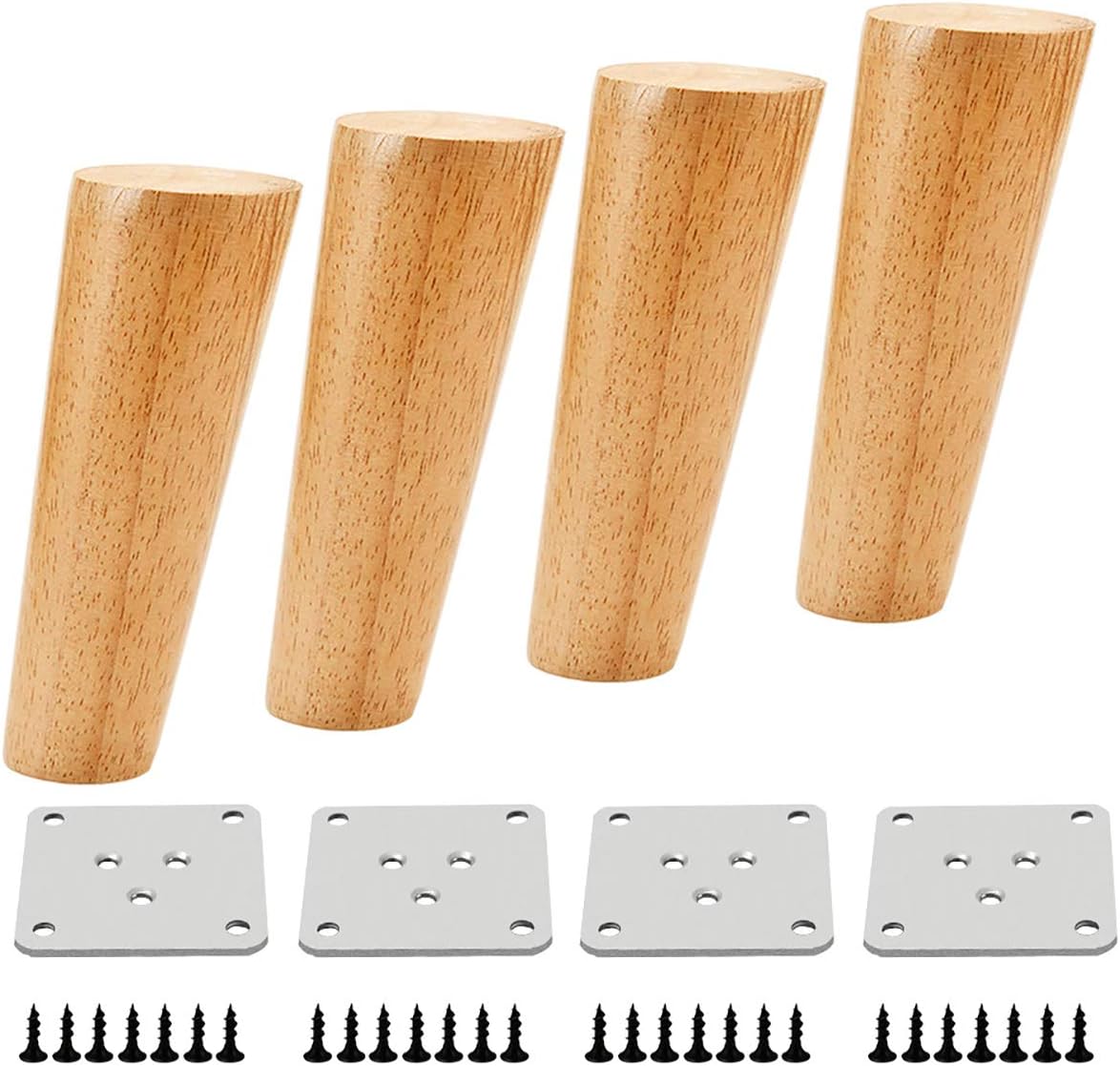 Qrity 4 PCS Wooden Furniture Legs, Oblique Tapered Replacement Sofa Feet 15CM Height with Non-slip Mat, Screws & Mounting Plate