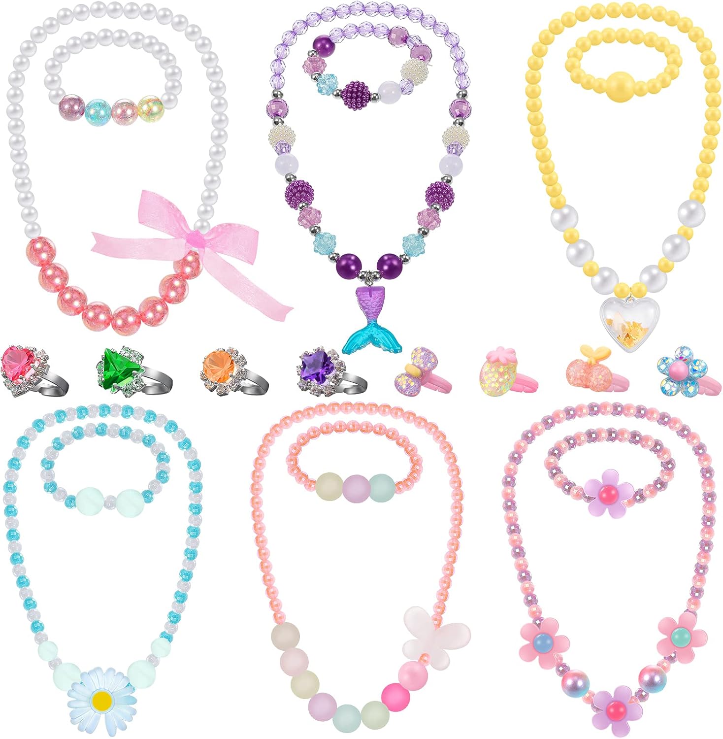 Girl Princess Necklace Bracelet Jewelry Set Includes 6 Sets Girls Beaded Necklace Bracelet with 8 Rings for Dress Up Party Cosplay Accessories (Heart, Flower Style): Toys & Games