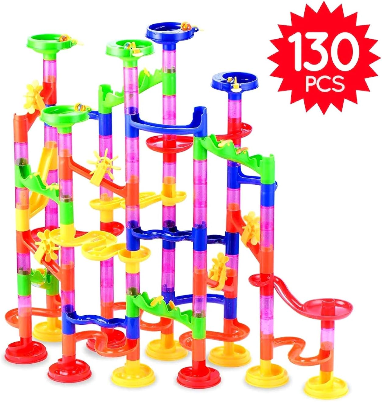 Marble Run Super Set - 130 Pieces with Instruction (100 Pieces + 30 Glass Marbles) STEM Learning Toy, Educational Construction Building Track Game Maze, Gift for Kids 4 5 6 + Year Old Boys Girls