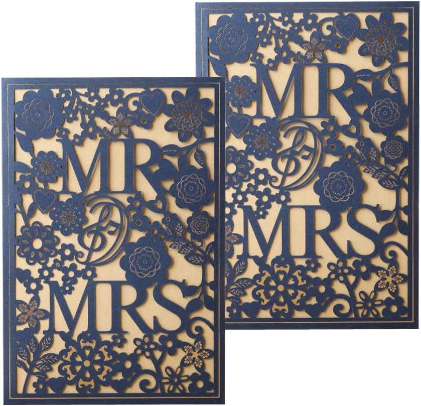 Gold Fortune 50PCS Blue Laser Cut Wedding Invitation Cards Kit With Hollow Flora Favors