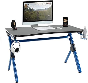 Amazon Com Homcom 47 Gaming Desk Racing Office Ergonomic Computer Table W Rgb Led Lights Cup Holder Cable Management Blue Furniture Decor
