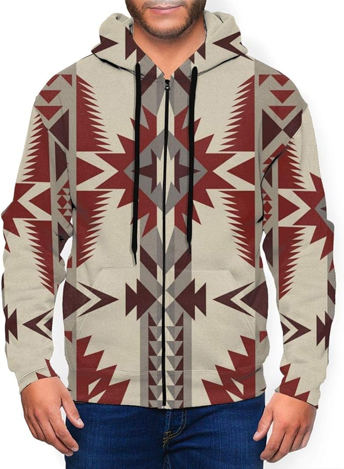 Native American Geometric Southwest Casual Mens FullZip Jacket Hooded