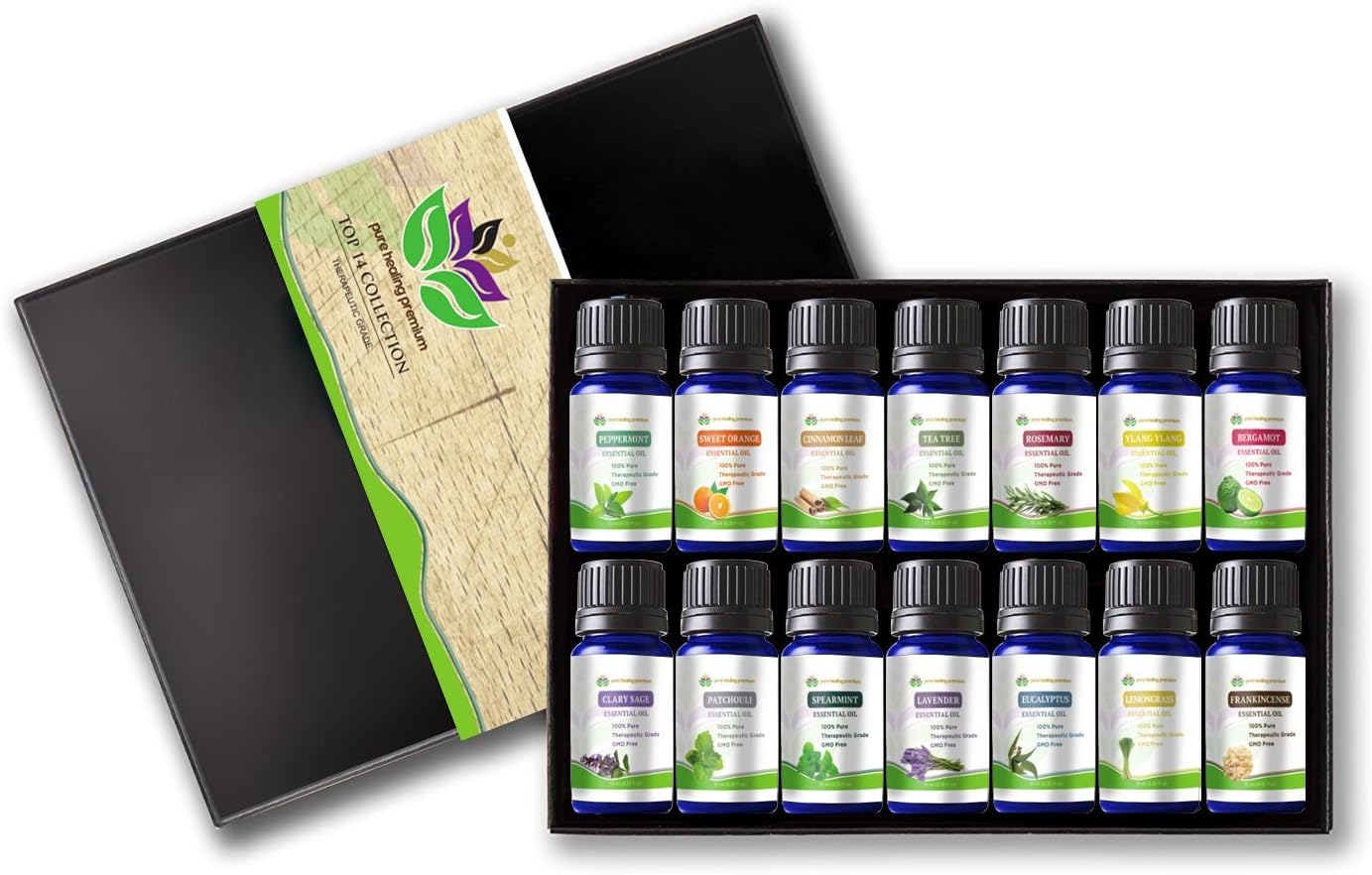 100% Pure Theraputic Grade Premium Aromatherapy Top 14 Essential Oils 2018 Premium Edition Gift Set. Contains 14 Pack of Essential Dropper Glass Bottles