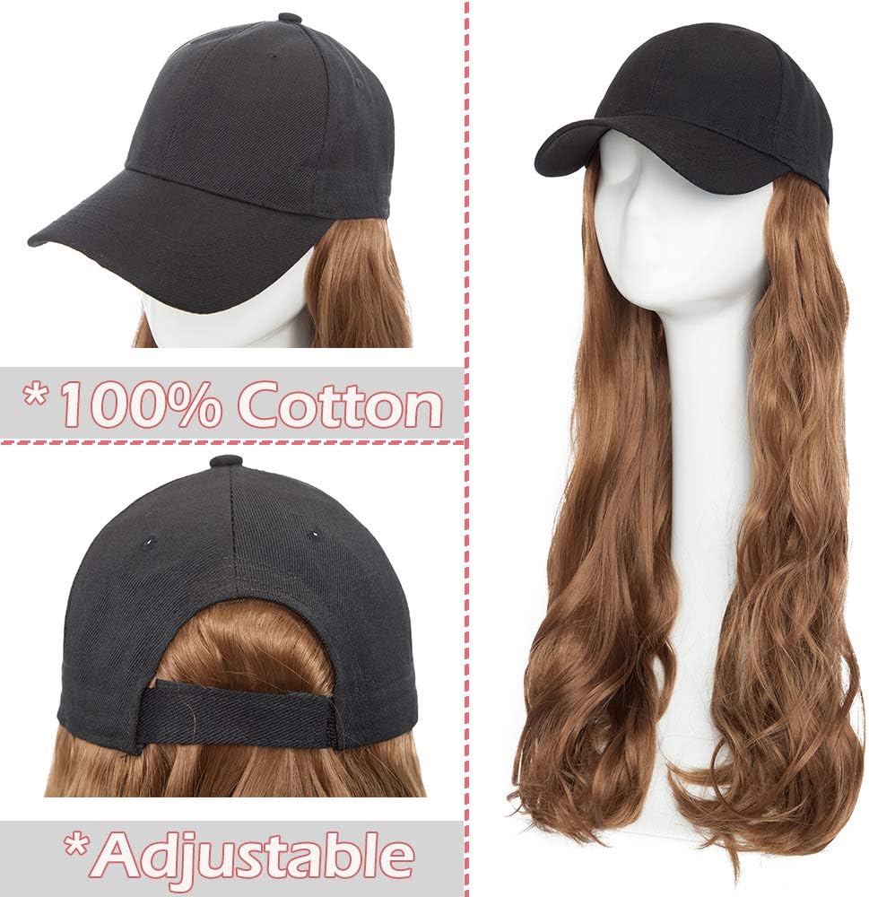 Black Baseball Hat with Hair Attached Wigs Curly Body Wave Synthetic Hairpiece Cap Hair Extensions for Women (16", Light Brown) - Image 4