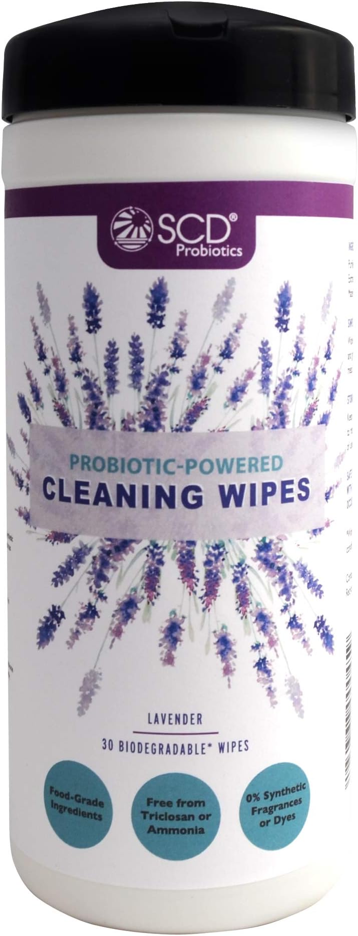 SCD Probiotics Probiotic Powered Cleaning Wipes, Natural, Biodegradable Wipes, Multi Purpose Cleaner Wipes, Lavender, 30 Count