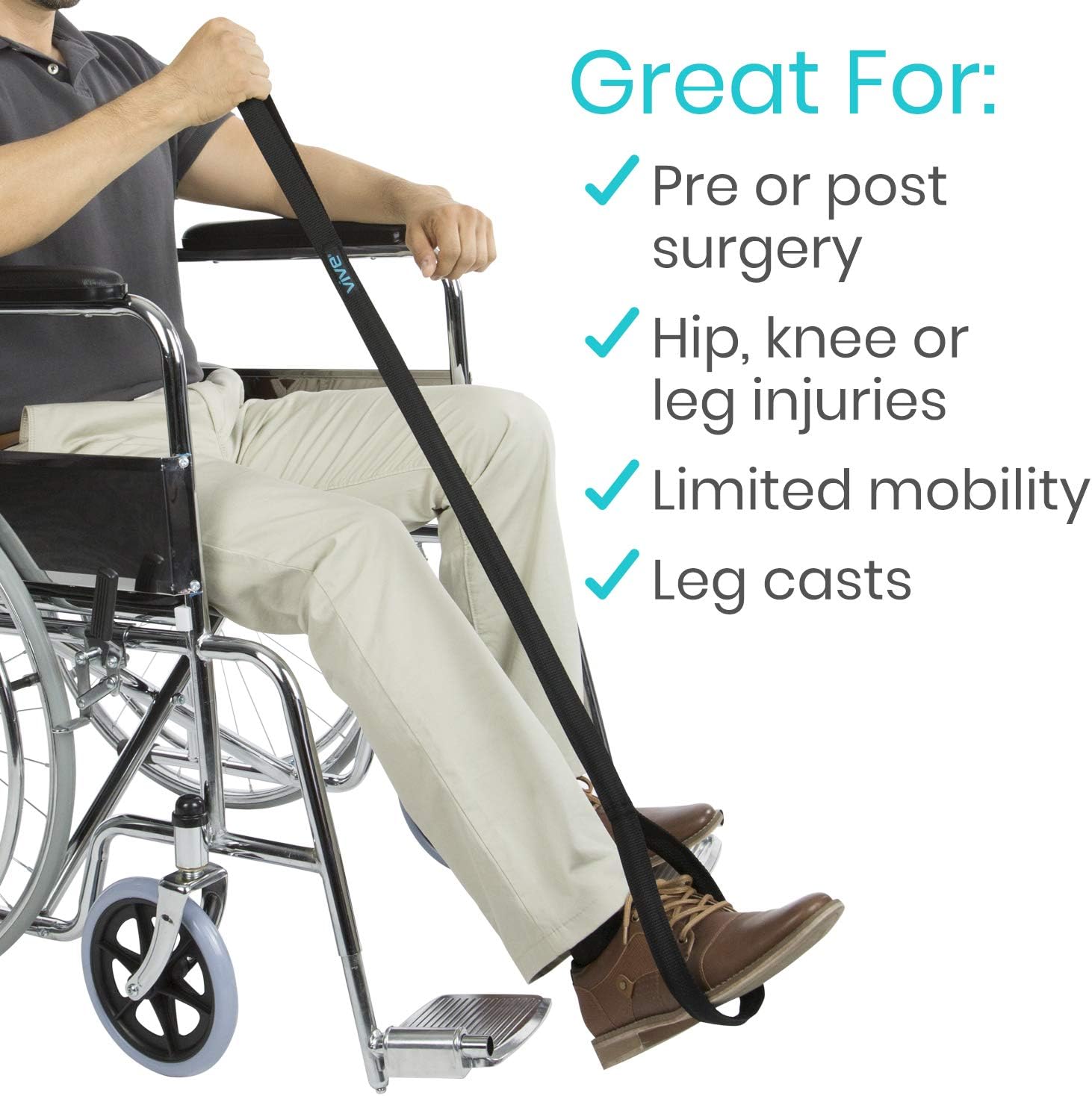 Vive Leg Lifter Strap (44 Inch) - Rigid Foot Loop, Hand Grip for Adult, Senior, Elderly, Handicap, Disability, Pediatrics - Long Band Mobility Aid for Car, Bed, Couch, Hip Replacement, Wheelchair: Health & Personal Care
