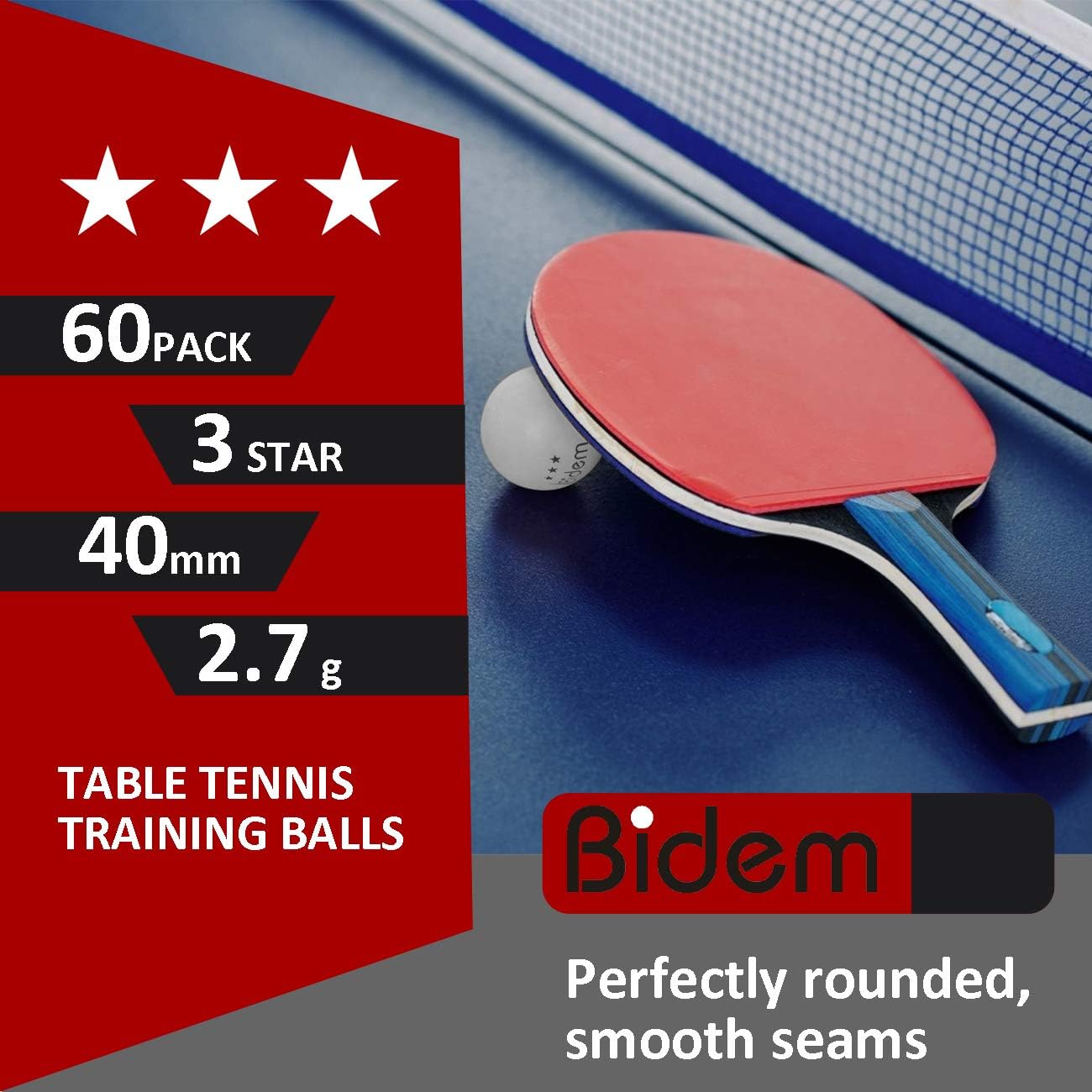 Bidem Ping Pong Balls, Advanced 3-Star Table Tennis Balls, Bulk Ping Pong Balls for Competition and Training, Pack of 60 (White) : Sports & Outdoors