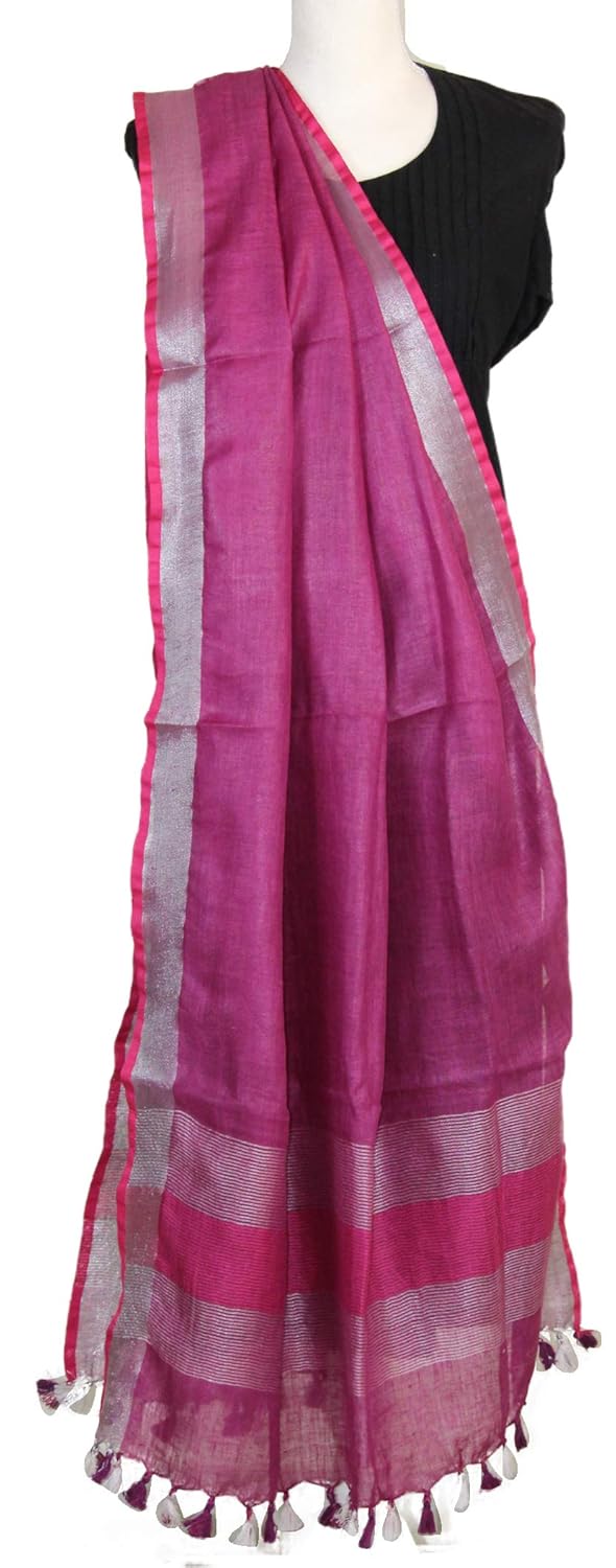weaves of tradition handwoven linen plain dupatta with silver zari border