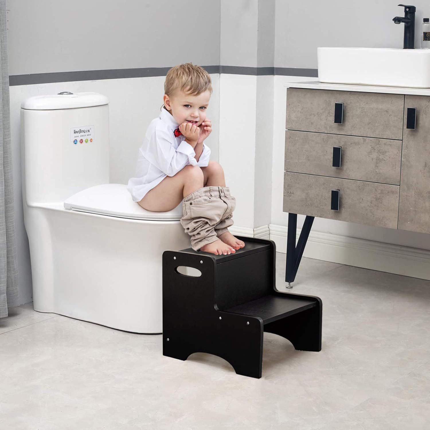 WOOD CITY Step Stool for Kids, Wooden Toddler Step Stool with Safety Non-Slip Mats and Handles, 2 Step Stool for Kitchen, Bathroom Sink & Potty Training - Black : Baby