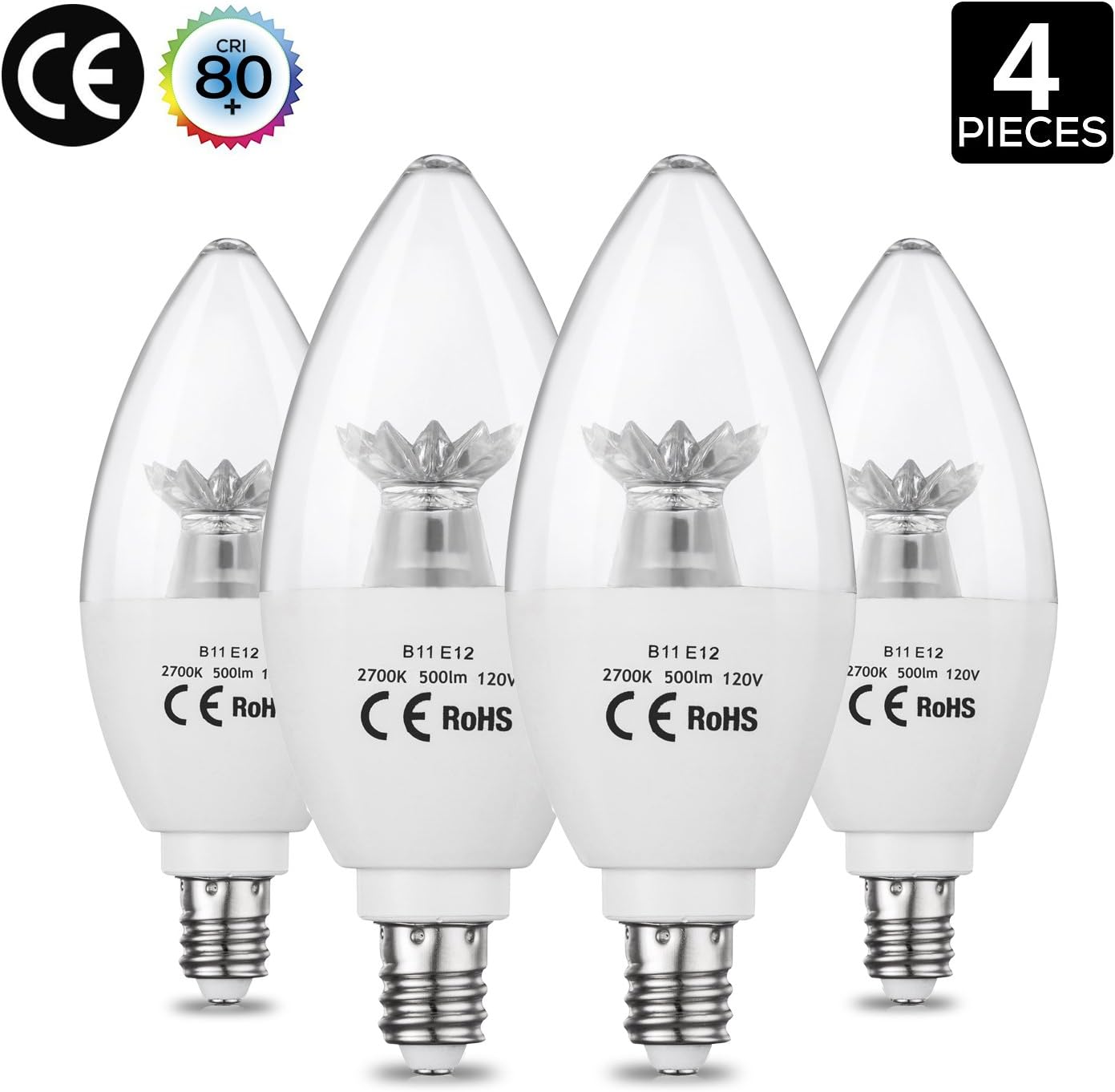 AED Lighting Candelabra LED Bulbs, 60-Watt Incandescent Bulb Equivalent, E12 Base Chandelier Bulb Replacement, 2700K Warm White, Pack of 4