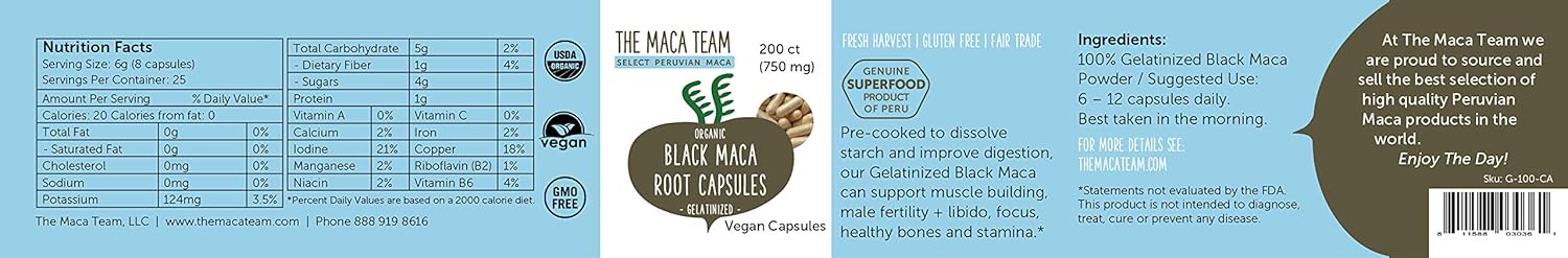 The Maca Team Organic Gelatinized Black Maca Root Capsules – Fair Trade, GMO-Free, Gluten-Free and Vegan, 750 mg, 200 Ct: Health & Personal Care
