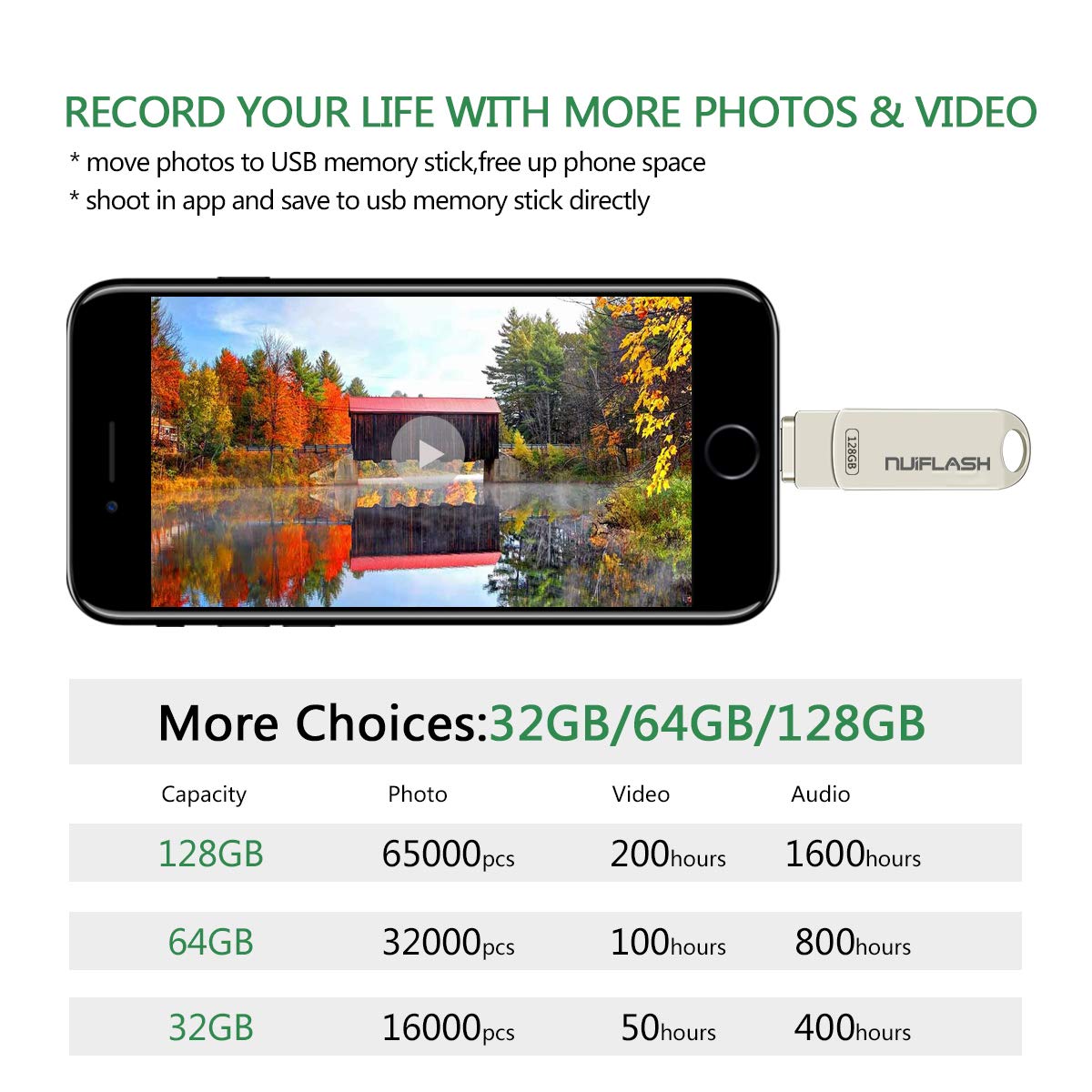 128GB Flash Drive for iPhone Photo Stick Memory Stick USB 3.0 External Storage nuiflash Thumb Drive Compatiable with iPhone/iPad/Mac (128GB-Silver)