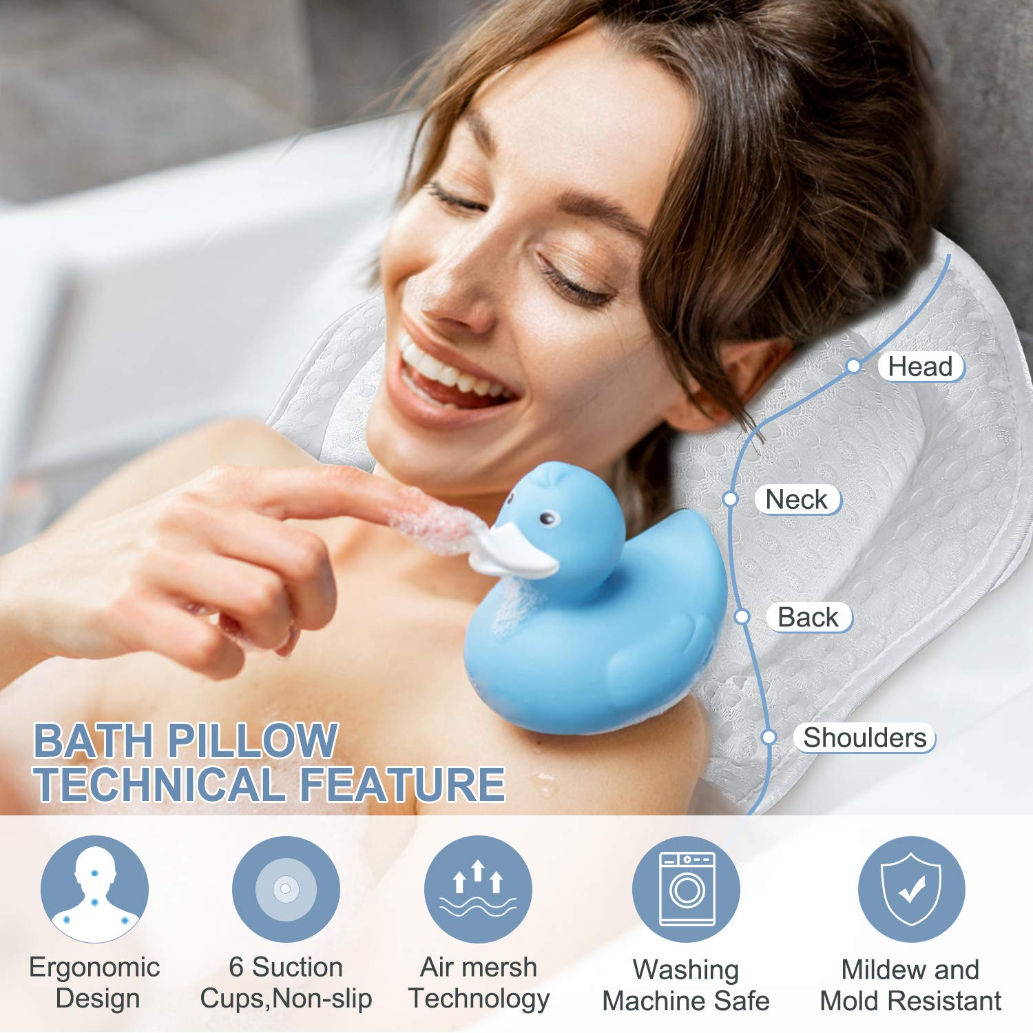 Powsure Bath Pillow for Tub, Luxury Bathtub Pillow for Head, Neck, Shoulder and Back Support, 6 Non-slip Suction Cups & 4D Air Mesh & Soft Breathable，Suitable for all Bathtub and Home Spa : Beauty