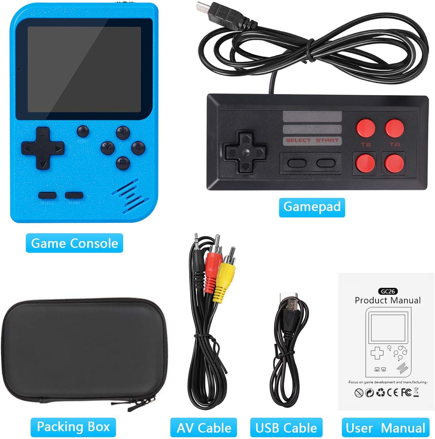 VOUM Handheld Game Console,Retro Handheld Game Console with Protector Case, 400 Free Classical FC Games Support for Connecting TV & Two Players, Great Gifts for Kids and Adults(Blue): Toys & Games