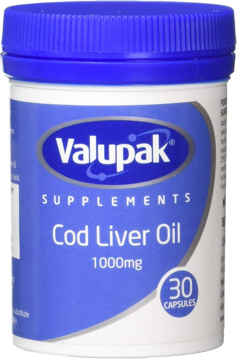 Valupak Cod Liver Oil Capsules High Strength 1000mg 30 Capsules, White,blue, 30 count (Pack of 1)