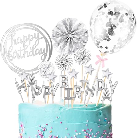 Amazon Co Jp バースデーケーキトッパーセット ハッピーバースデー カップケーキトッパー文字 ケーキキャンドル トッパー 紙吹雪バルーン 星とファンカップケーキトッパー 12ピース バースデーケーキデコレーション用品 シルバー おもちゃ