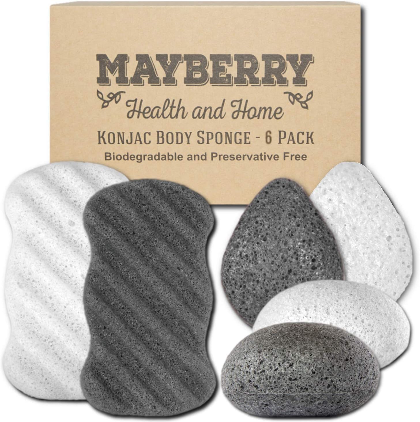 Konjac Body Sponge (6 Pack) Individually Wrapped Multi-Pack Pure (White) and Bamboo Charcoal (Black) Konjac Sponges Offer a Gentle Cleansing Experience for Softer Skin