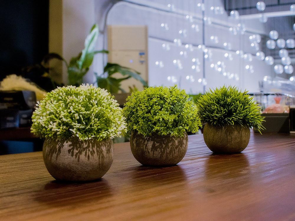 Opps Artificial Plastic Mini Plants Unique Fake Fresh Green Grass Flower in Gray Pot for Home Décor – Set of 3 -