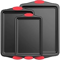 Nutrichef Non-Stick Kitchen Baking Pans w/Heat Red Silicone Handles, Oven Safe, 3 Piece Set