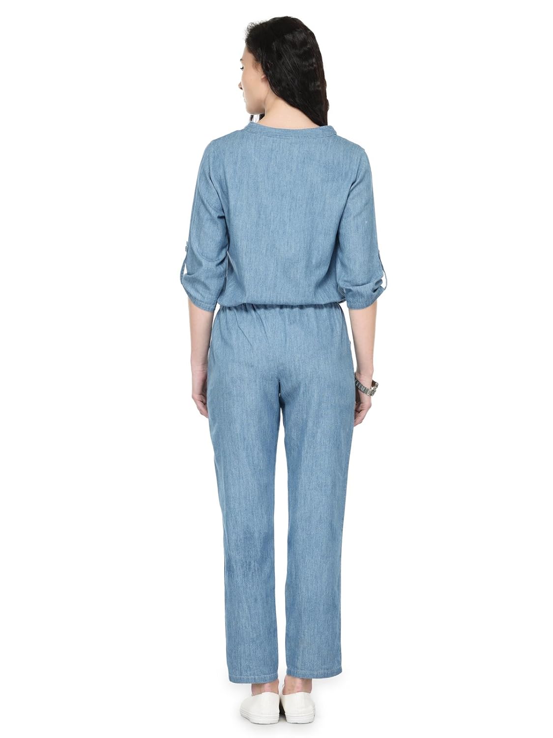 tunic nation women's blue ankle length denim jumpsuit