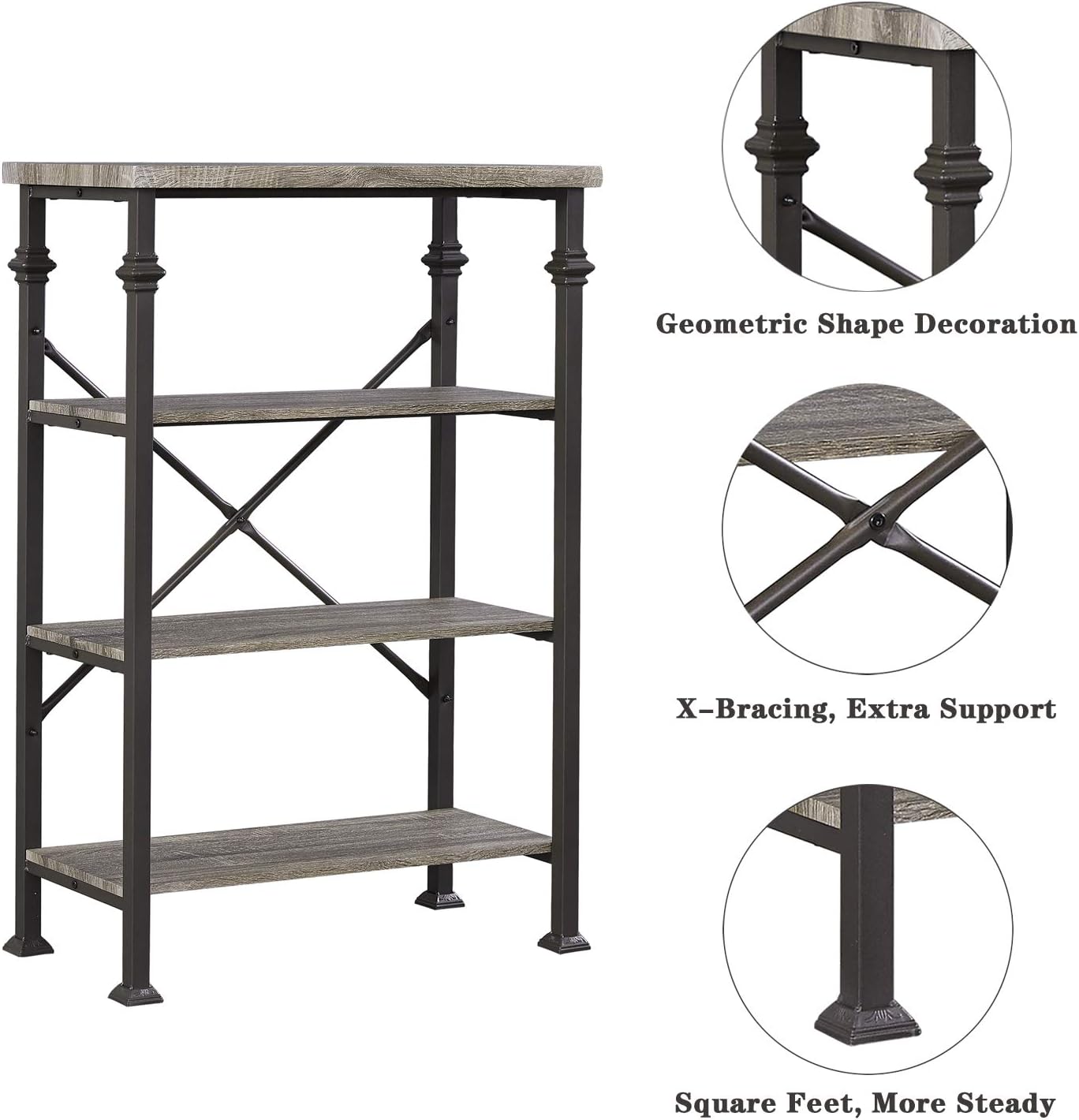 Hombazaar 4-Tier Industrial Bookcases, Vintage Open Etagere Bookshelf, Multi-Functional Shelf Units for Collection, Grey Oak: Furniture & Decor