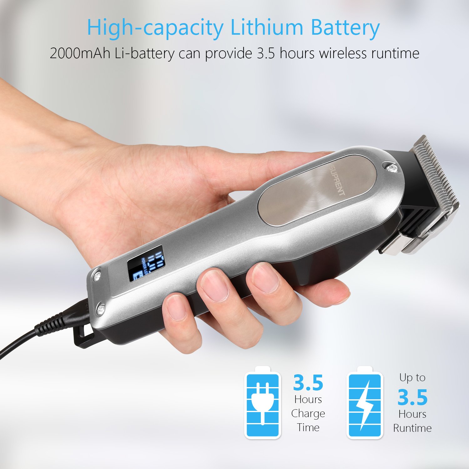 Cordless Hair Clippers for Men SUPRENT, Professional Hair Cutting Kit with 2000mAh Lithium Ion, Stainless steel Blade, Hair Trimmer with Lock-In Length (Silver): Beauty