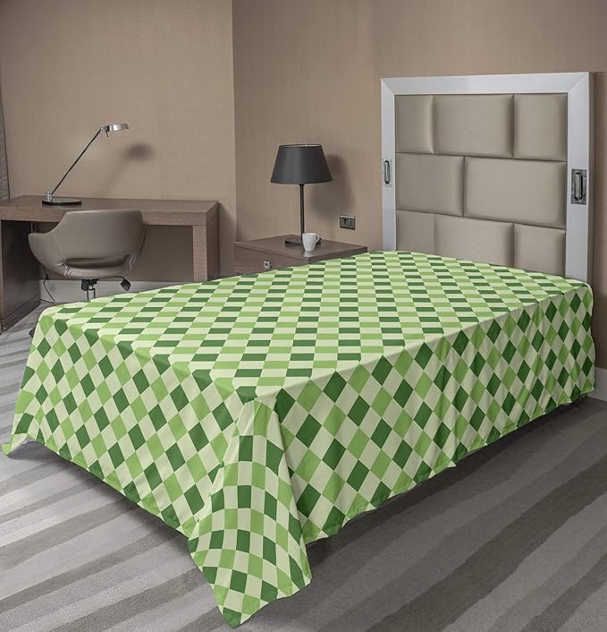 Lunarable Moss Green Flat Sheet, Diagonal Checkerboard Pattern with Squares in Green