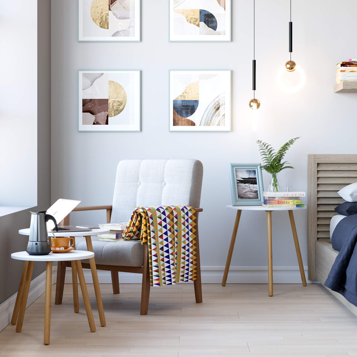 Homfa 3X Beistelltisch Couchtisch Wohnzimmertisch Kaffetisch Satztisch Set Skandinavisch Rund Weiß