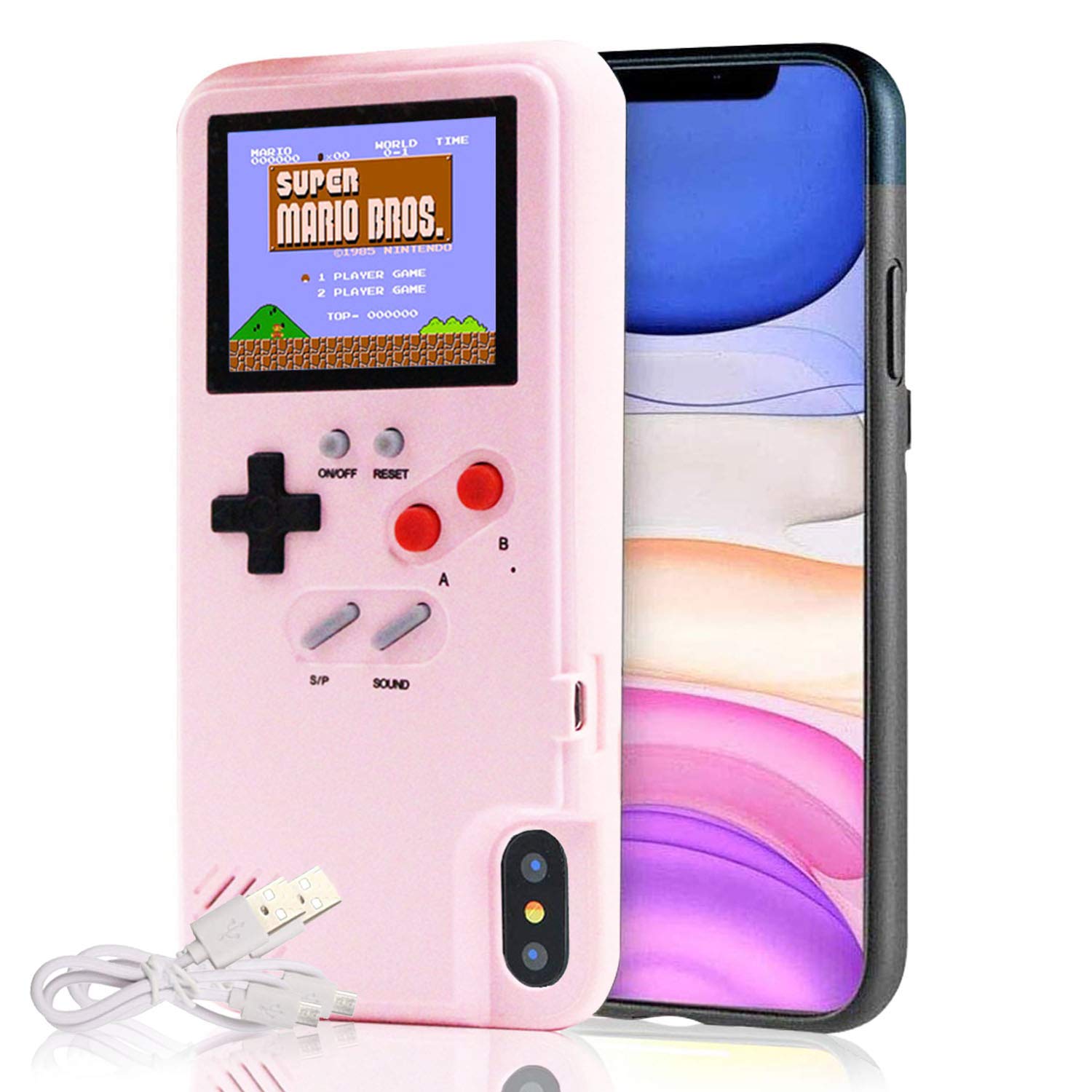 Gameboy Case for iPhone, Retro 3D Phone Case Game Console with 36 Classic Game, Color Display Shockproof Video Game Phone Case for iPhone (Pink, for iPhone 12 Pro Max)