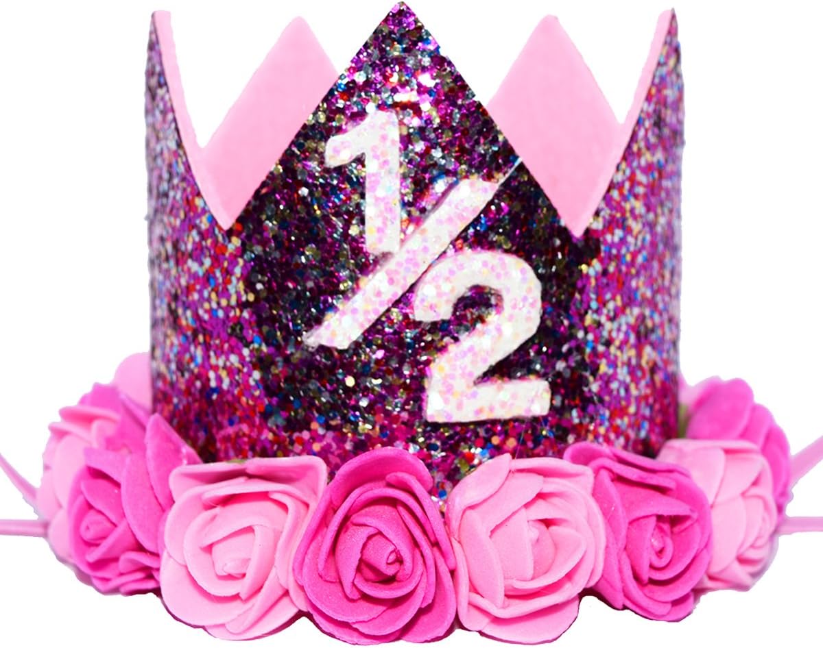 Maticr Flower 1/2 Birthday Crown Floral Half Bday Crown Princess Tiara Cake Smash Photo Prop