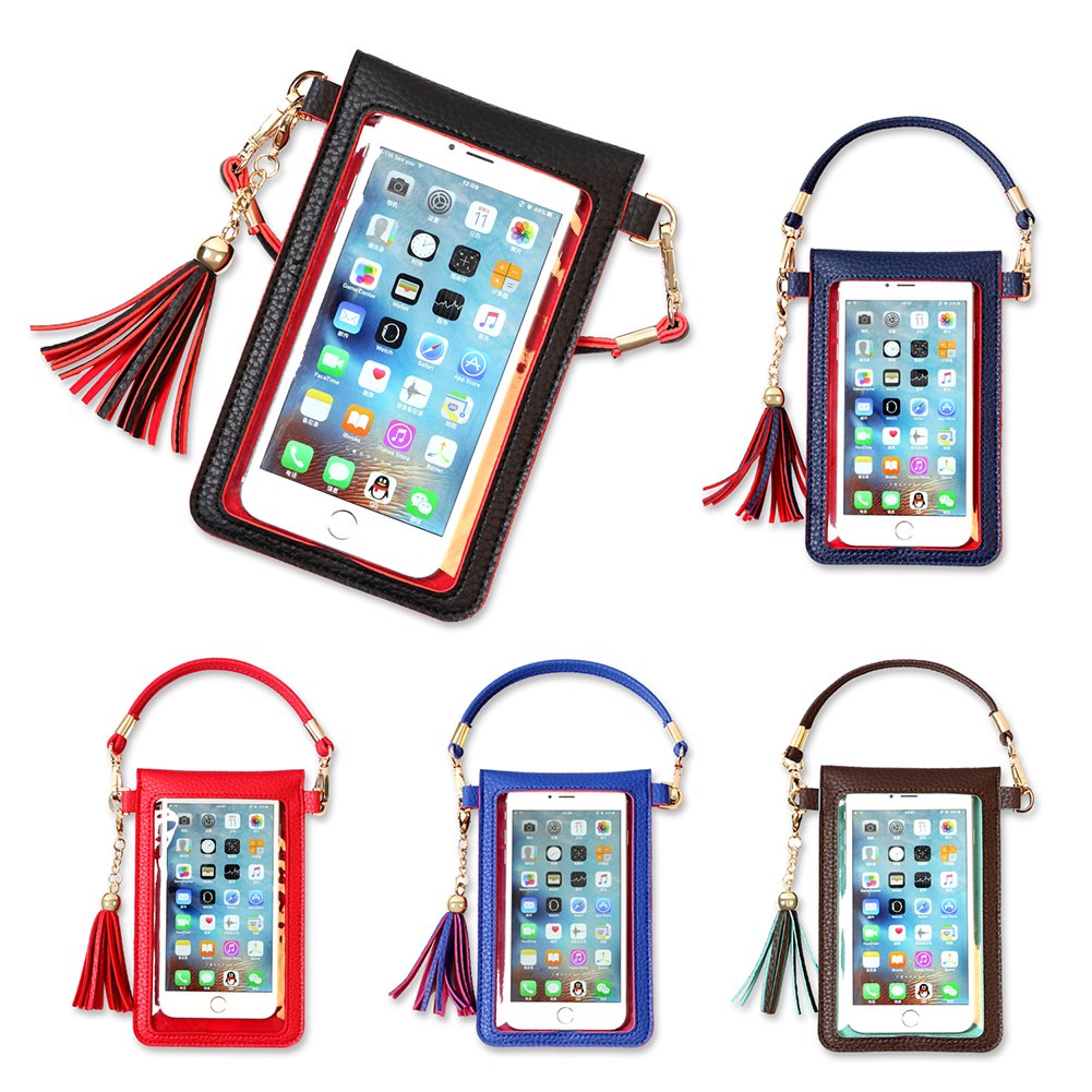 LKZAIY PU Leather Crossbody Bag Mini Phone Pouch with Shoulder Strap for iPhone 7 Plus, 6S Plus, 6 Plus, 7, 6S, 6, 5S, 5C, Samsung S8, S7 Edge, S6 Edge+, S6, S5, S4, J3, J7 (Black+Red)