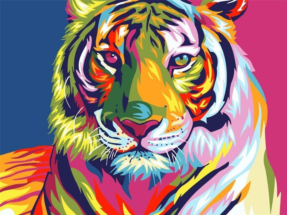 Sunyohouse DIY Oil Paint, Brushes Kits Paint by Numbers for Adults with 3X Magnifier 16 * 20 inch Acrylic Painting Christmas Gifts for Kids, Adults Beginner, Students (Colorful Tiger, Without Frame)