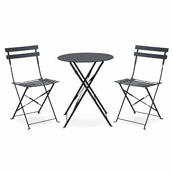 Salon De Jardin Bistrot Pliable Emilia Rond Gris Anthracite Table ø60cm Avec Deux Chaises Pliantes Acier Thermolaqué