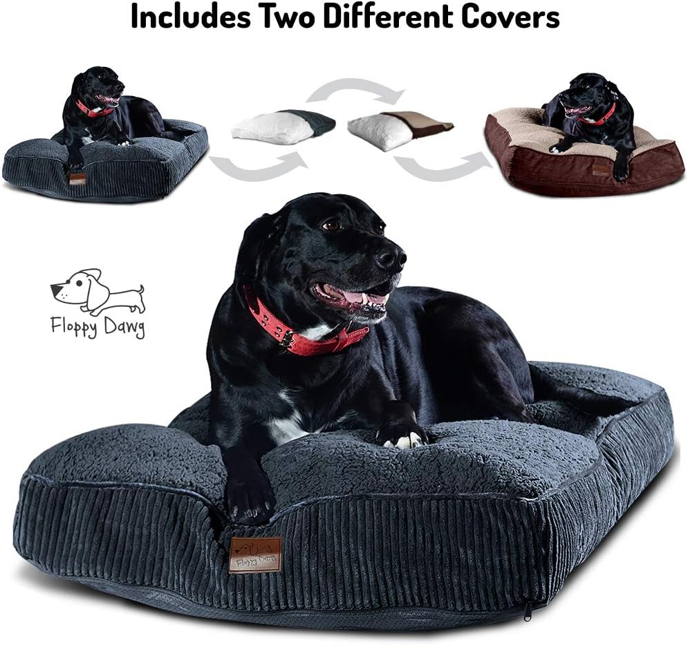 Interchangeable 2-in-1 Dog Bed. Super Extra Large with Two Removable Covers and Waterproof Liner. Made for Big Dogs up to 100 pounds and more. 48x30 and Stuffed 8 Inches High with Memory Foam Pieces. : Pet Supplies