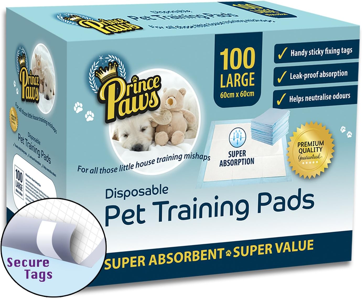 PrincePaws Pet Training Puppy Pads - Pee Pads for Dogs 100 Count with Adhesive Tape, Large 24x24, Toilet Potty Pet Pee Pads for Dogs, Cat Litter Pads, Absorbent Waterproof Urine Disposable Dog Pads