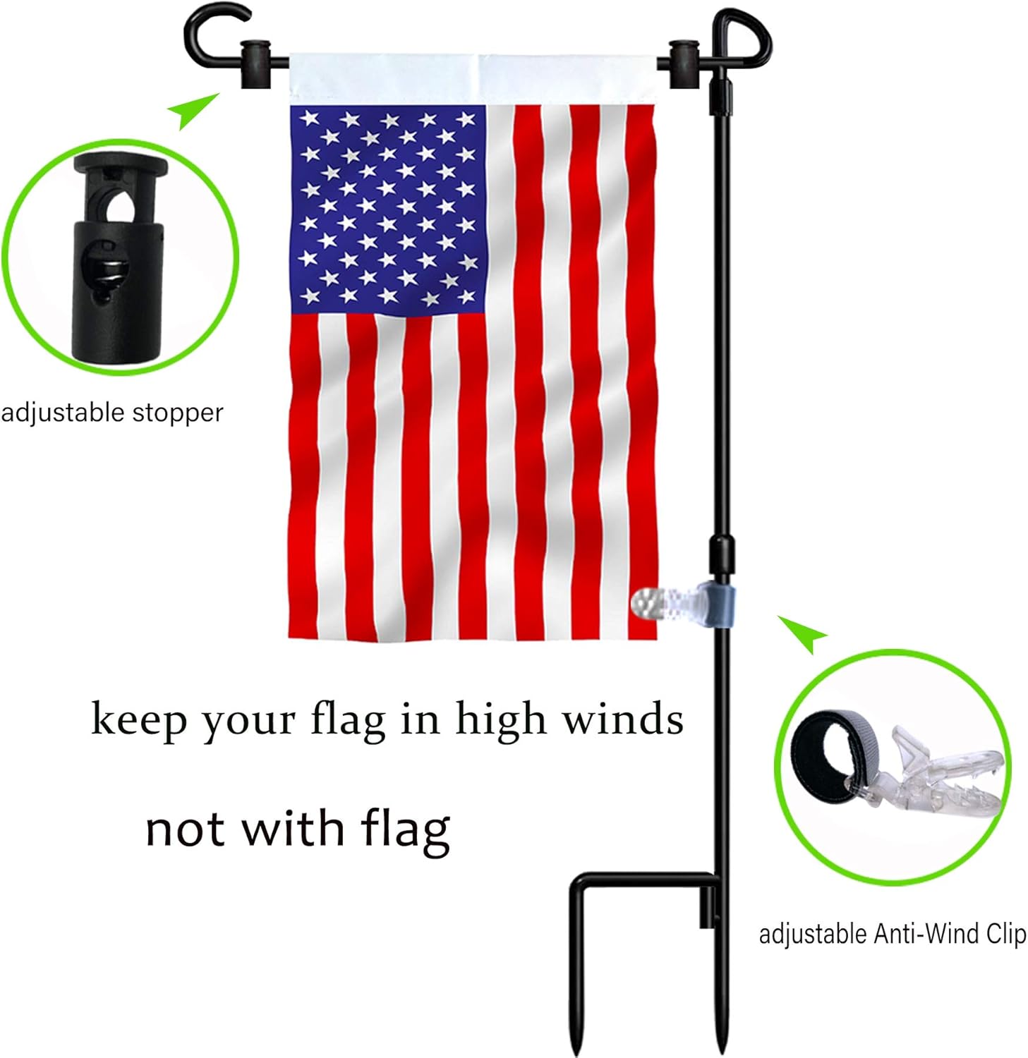 Garden Flag Stand-Holder-Pole with Garden Flag Stopper and Anti-Wind Clip 36.3"H x 16.5"W For USA Flag Or Season Garden Flags Keep Your Flags from Flying Away in High Winds : Garden & Outdoor