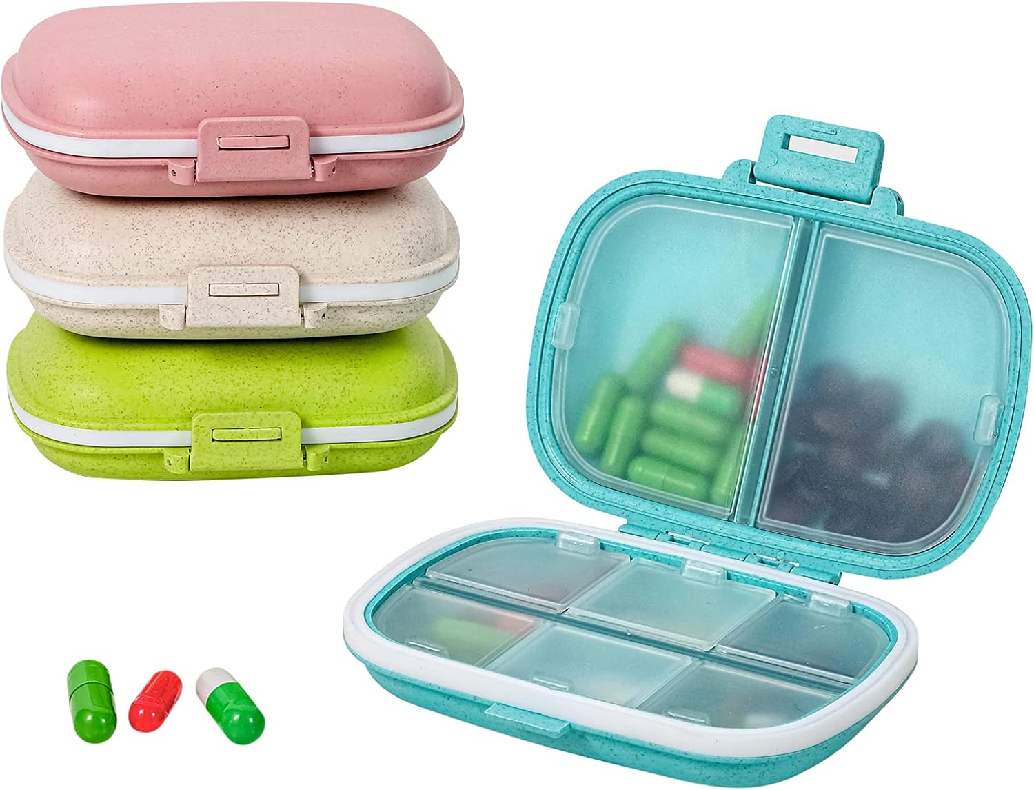 Daily Pill Organizer, 4 Pack 8 Compartments Portable Pill Case, Pill Box to Hold Vitamins, Cod Liver Oil (Blue,Pink,Khaki,Green)